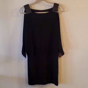 Black Midi Dress with Rhinestone Detailing on Shoulders and Sleeves. Size 6